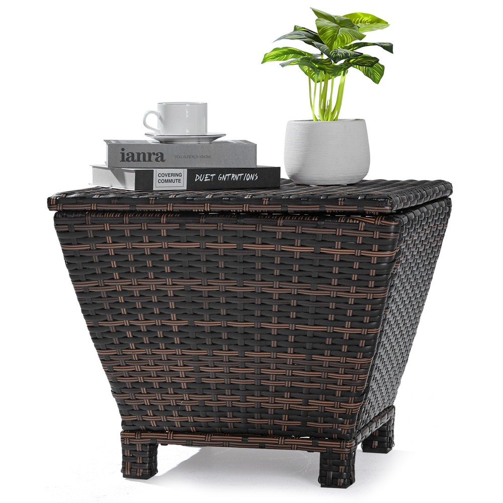 Outdoor PE Wicker Side Table with Storage, Small Patio Storage Bin Container