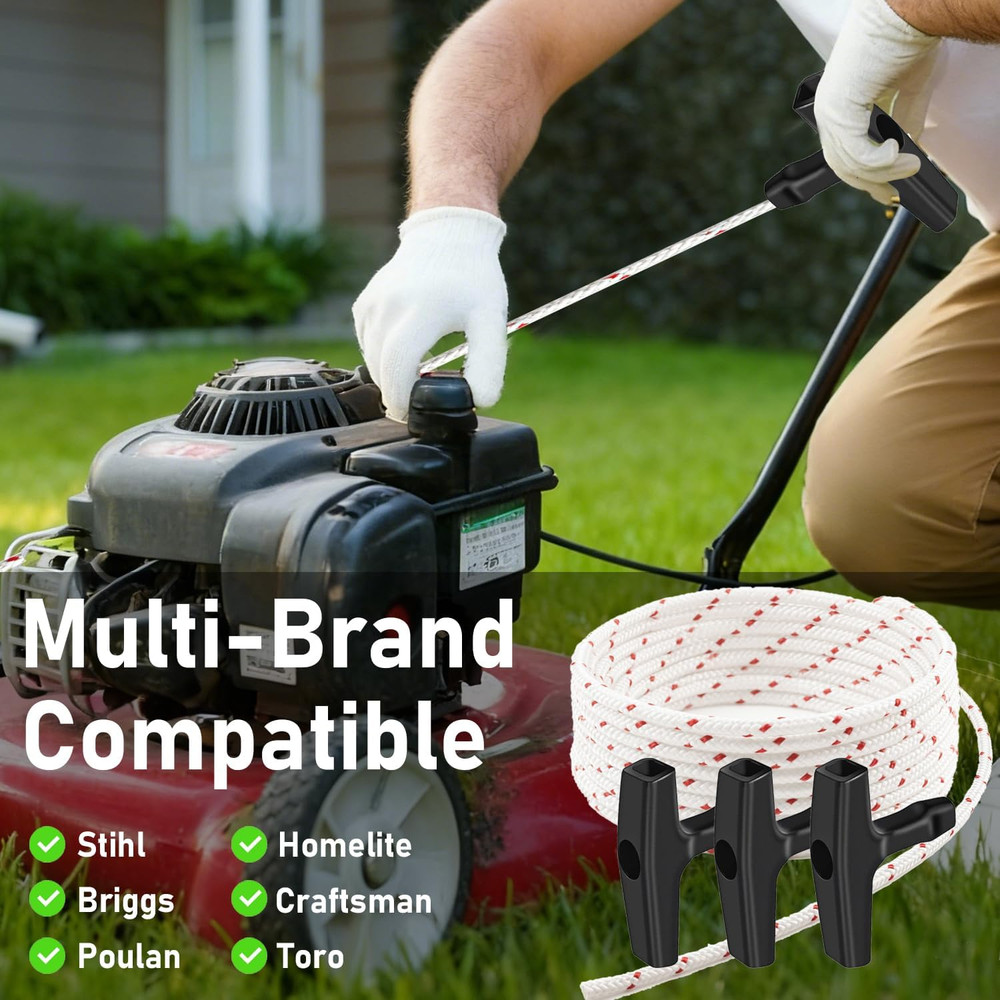 Pull Cord Rope 33 Ft (3.5Mm) with 3Pcs Starter Handle, Premium Starter Rope with