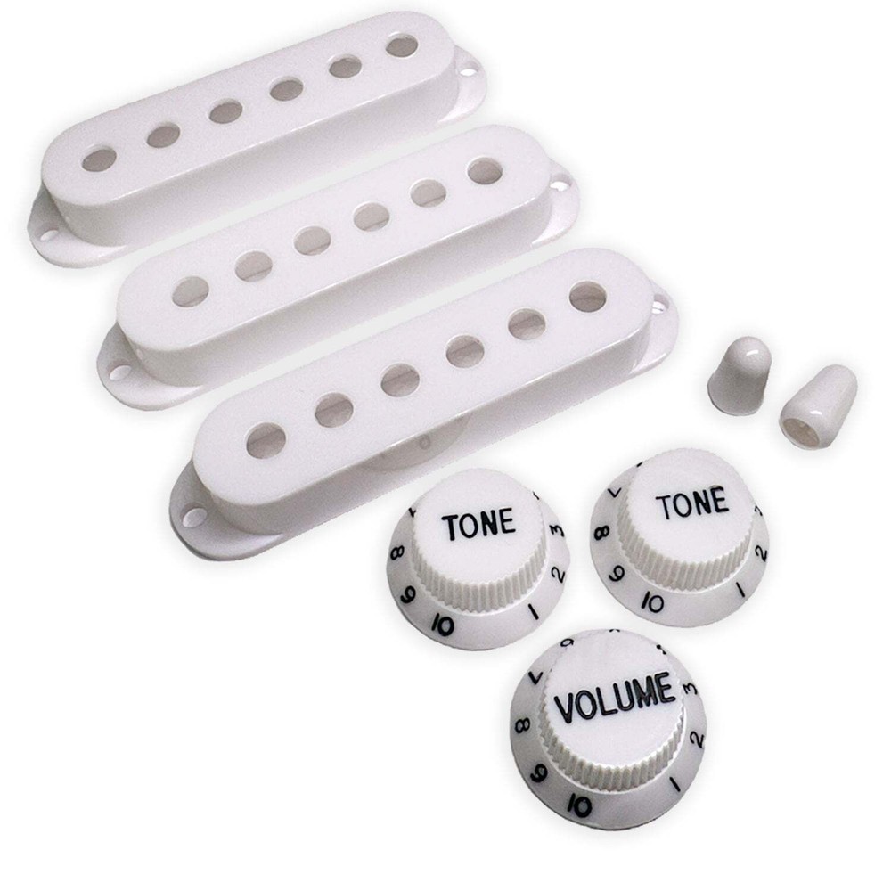 Vintage Strat PUP covers, switch tips, knobs set White / Black Font