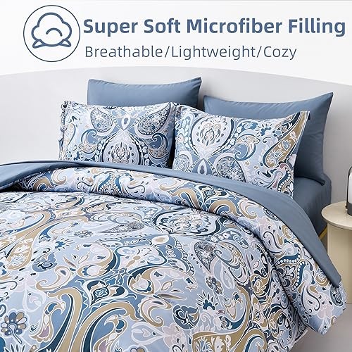 Blue Paisley Comforter Set 7 Pieces Bed in a Bag Boho Queen Light Blue
