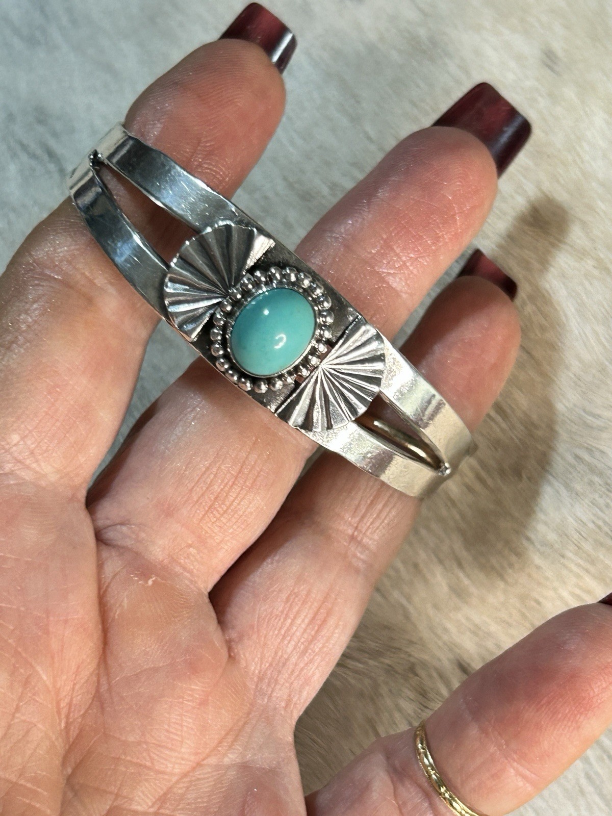 Turquoise & Sterling Silver Cuff Bracelet with Designs. Unmarked But Tested. 7"