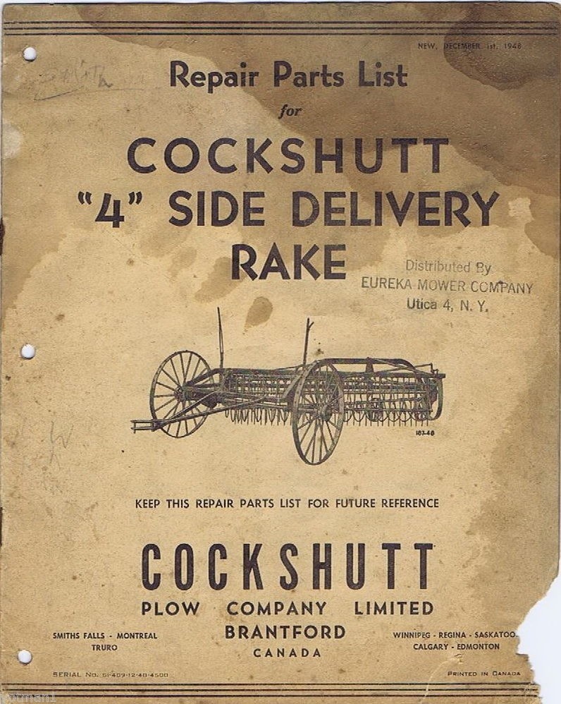 Repair Parts List for Cockshutt "4" Side Delivery Rake; 1948  Vintage