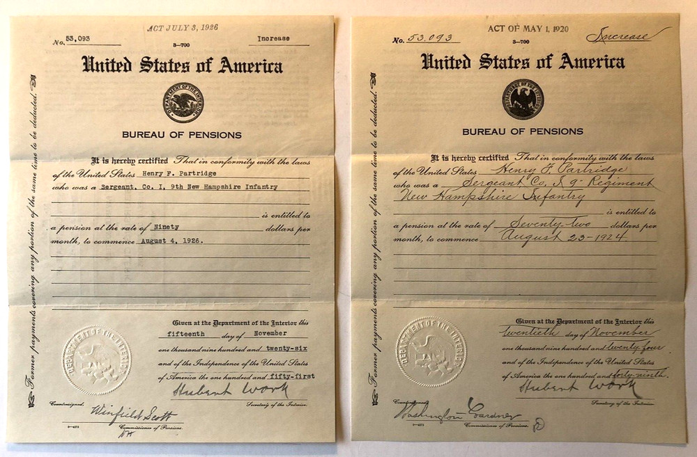 9th New Hampshire Infantry PENSION CERTIFICATES Sergeant Henry F Partridge 1924+
