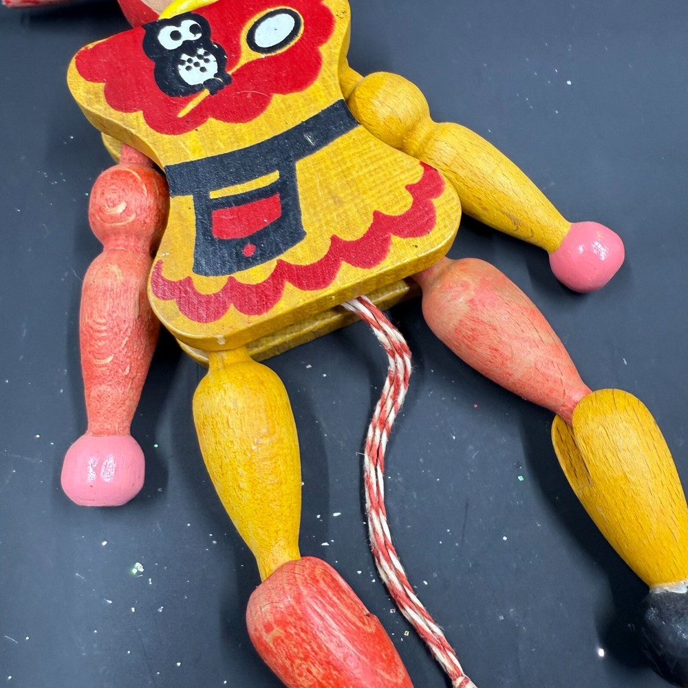 Vintage M. Gschnitzer Austrian Wooden Pull String Jointed Jester Clown Puppet