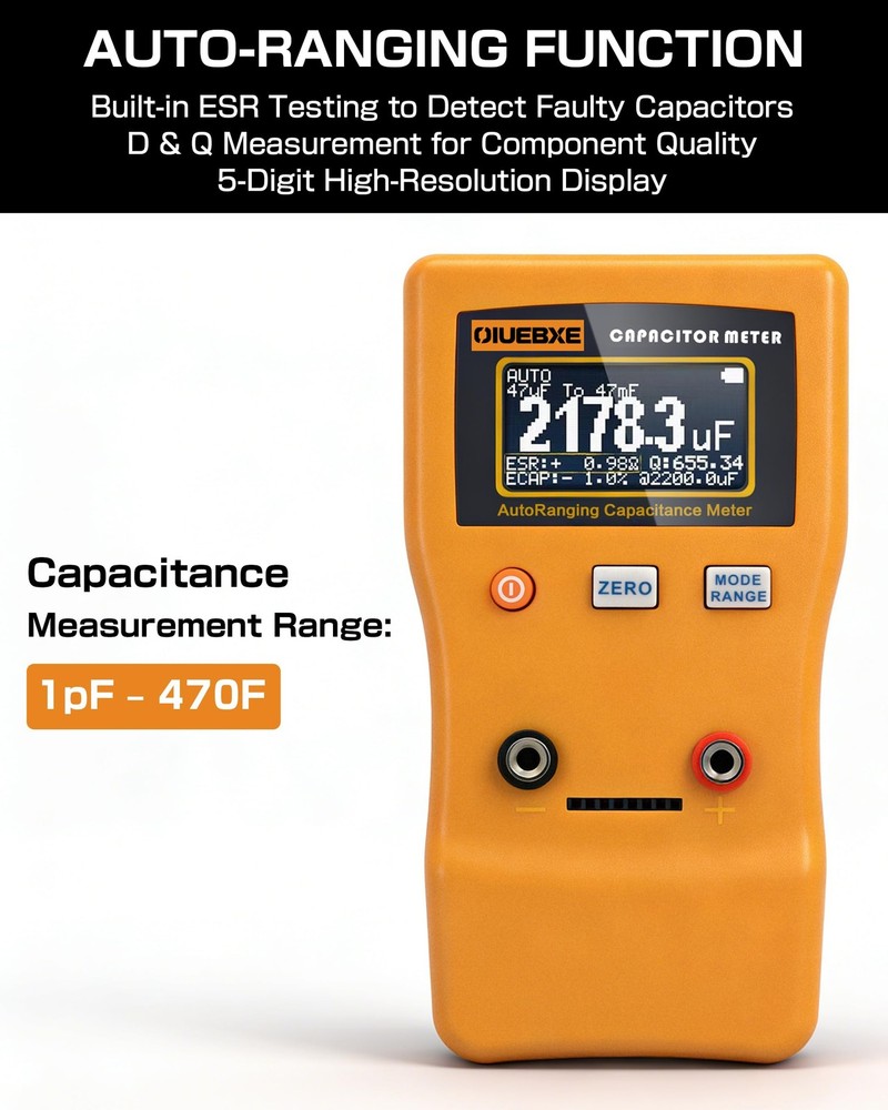 CapMaster 470F Digital Capacitor Tester with ESR Estimation, 0.01pF–470F Capa...