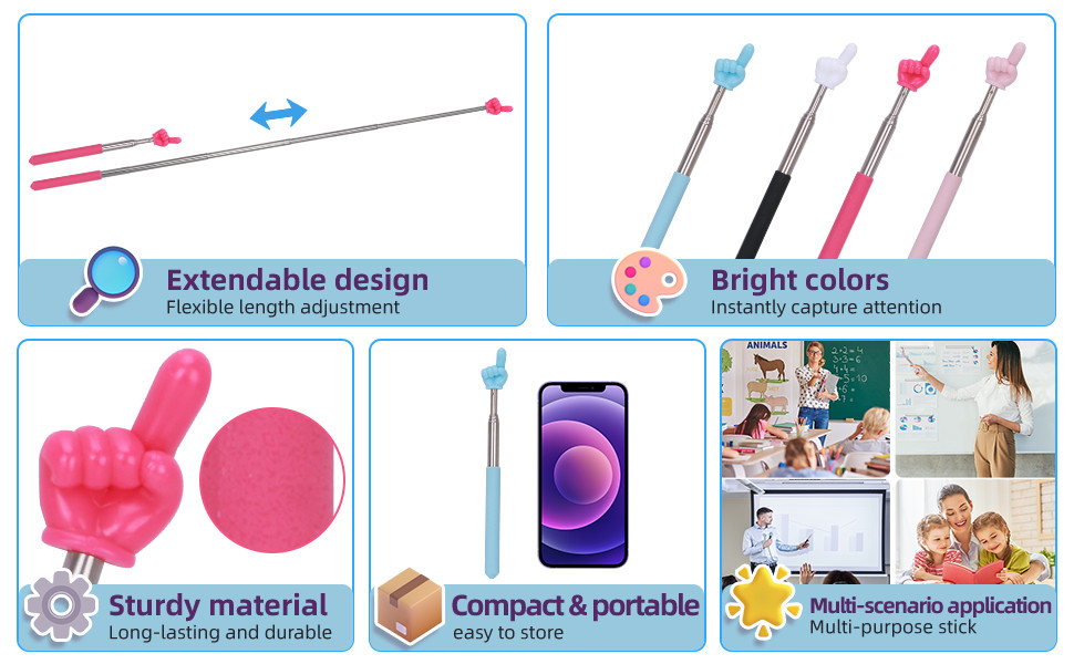 4 PCS Extendable Pointer Finger Stick - Bright Colored Telescopic Teachers Point