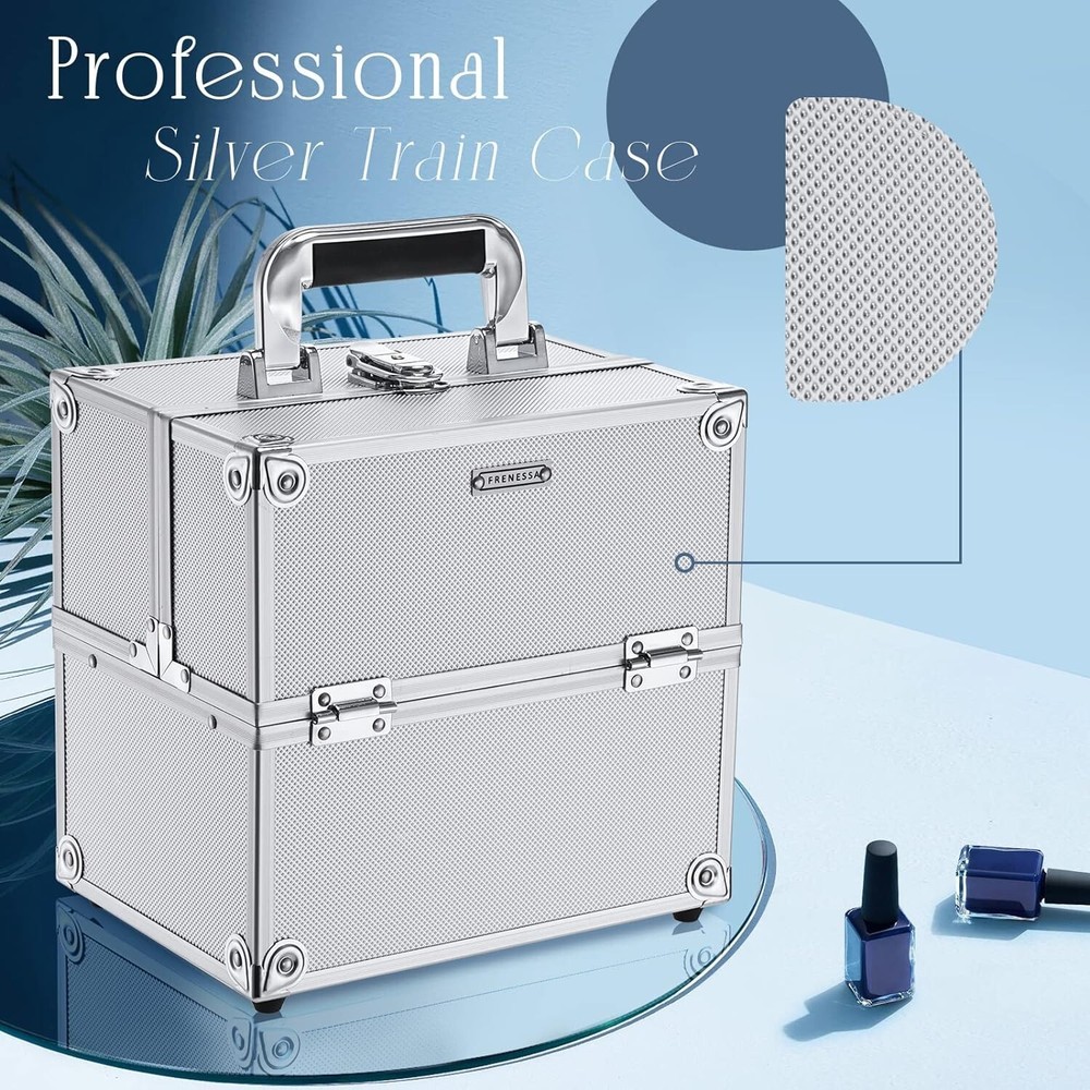 Portable Makeup Train Case with Lockable Storage - 4-Tier Trays - Bright Silver
