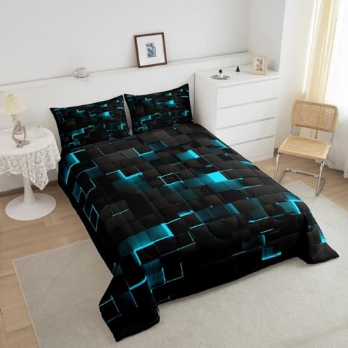 Comforter Set Neon Turquoise Geometric Checkered Bedding Set Queen Black Teal
