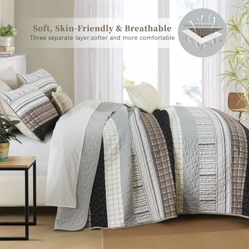 Striped Quilt Set Size Boho Bedspread Set 3 Pieces Patchwork King Brown