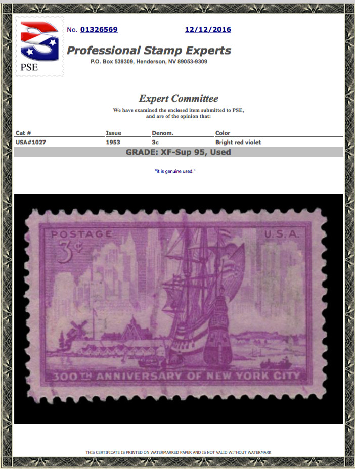 #1027 Used PSE Graded 95, PSE Cert # 01326569