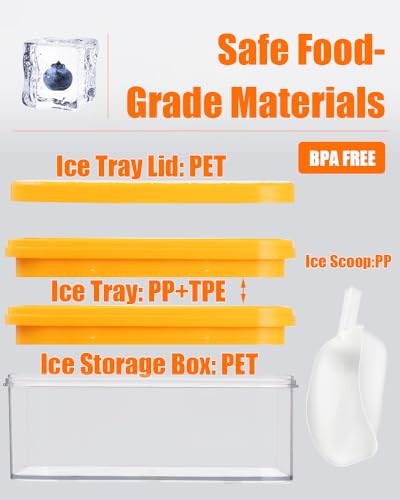 Ice Cube Tray with Lid&Bin, Ice Cube Mold with 56 Cubes, Stackable Ice Orange