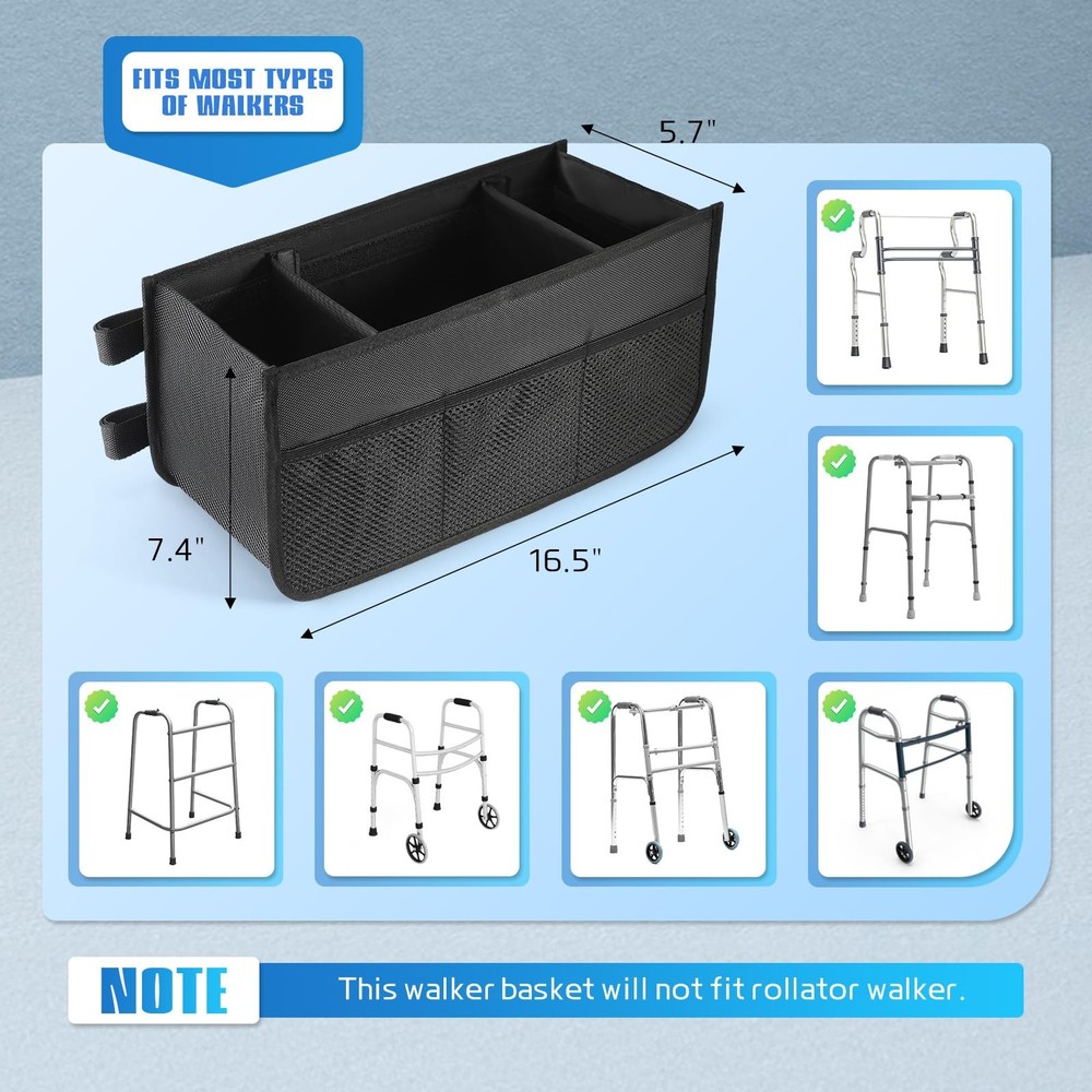Walker Basket for Folding Walker - Large Capacity Storage Bag with Multiple P...