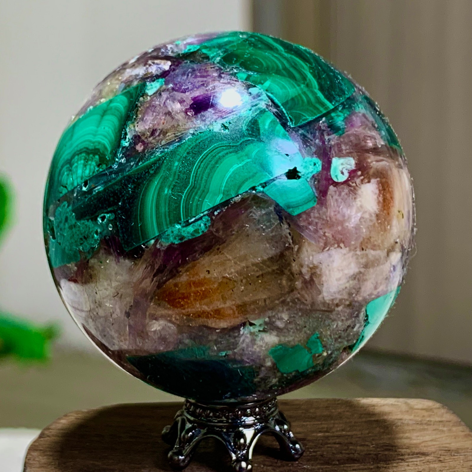 129G Newly discovered rare malachite purple mica symbiotic sphere restoration