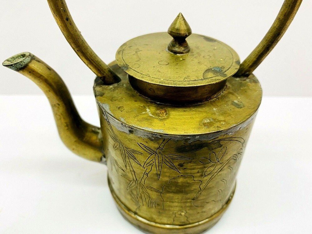Vintage Small Etched Round Brass Tea Pot