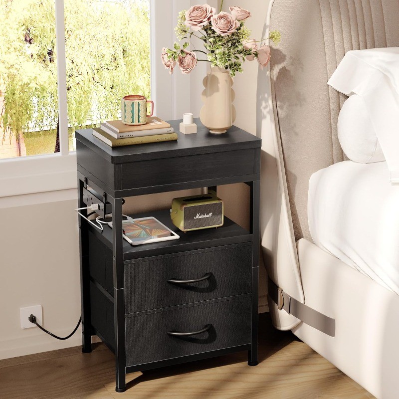 Hidden Drawer Charging Table - Night Stand with Charger Station and Sliding Top
