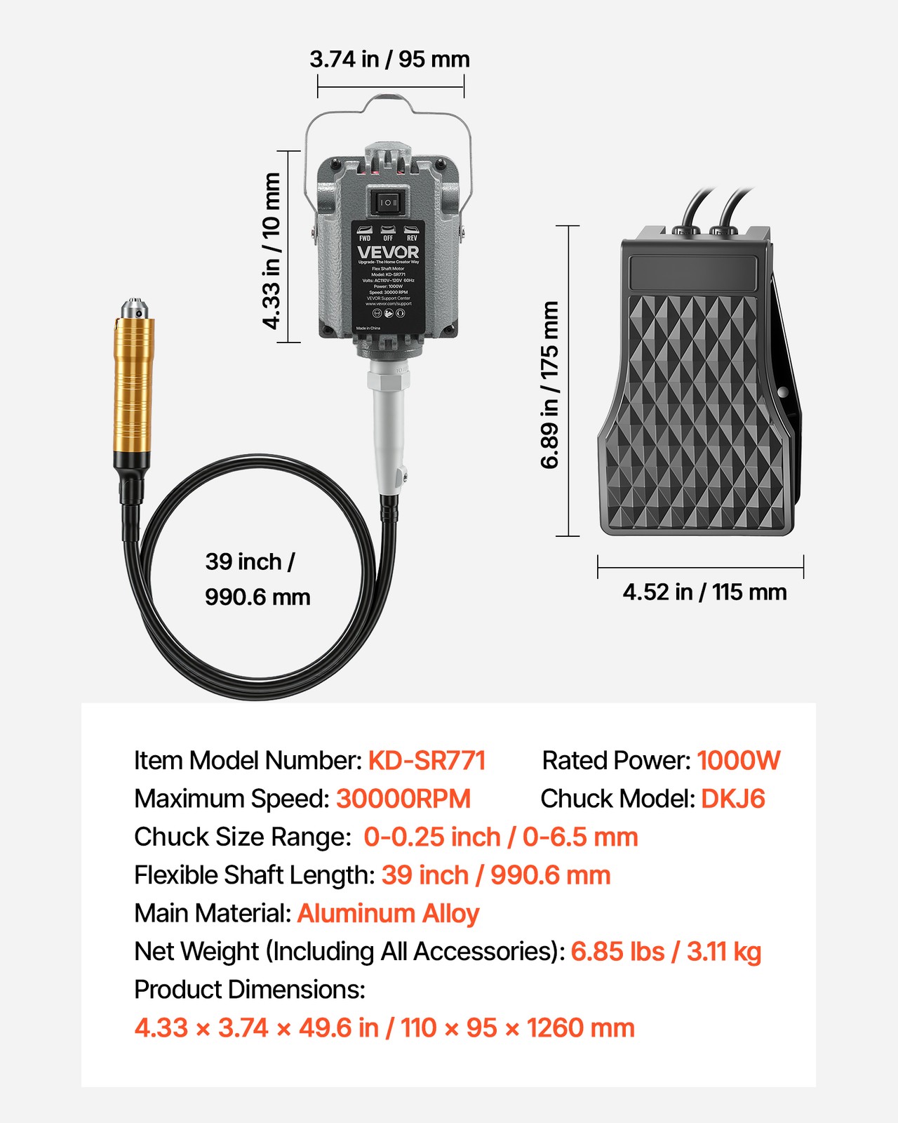 VEVOR Flex Shaft Grinder 1000W 30000RPM Flex Shaft Rotary Tool 74PCS Accessories