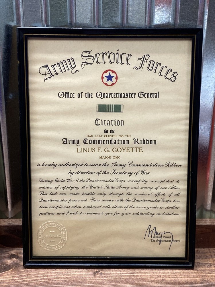 WWII US Army Certificates - Named Intelligence Major - Quartermaster Citation