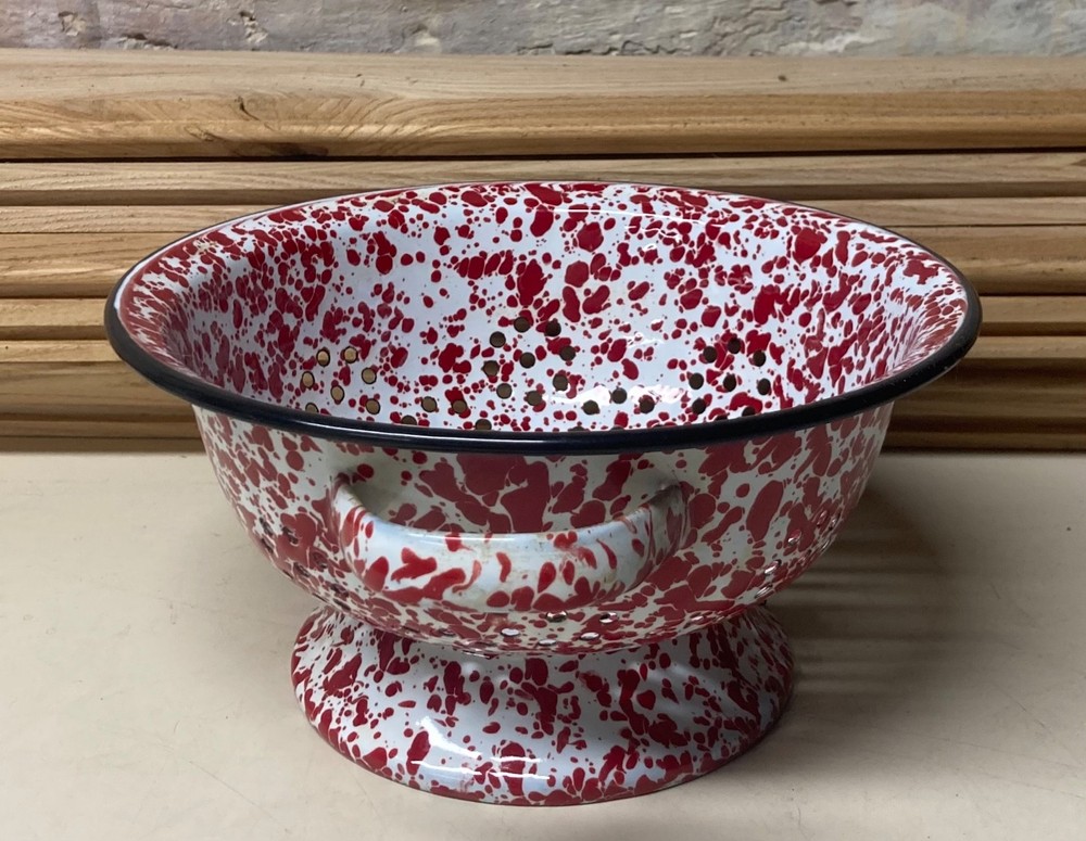 Vintage Enamelware Graniteware Red White Splatterware Colander 9" Diameter