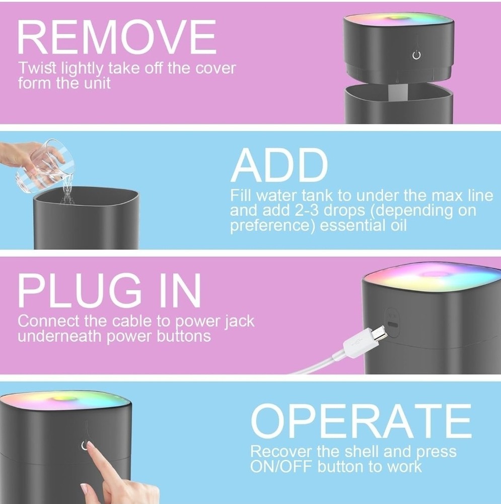 Super Silent USB Mini Humidifier & Aroma Diffuser - Portable Cool Mist - Gray