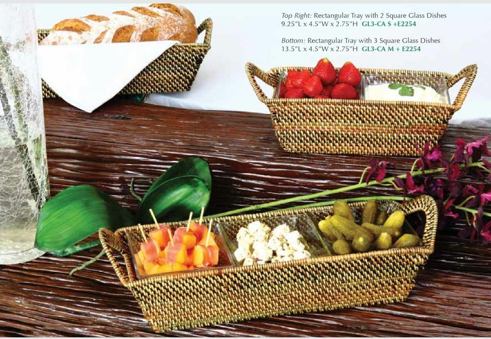 CALAISIO, RECTANGULAR 3 SECTION SERVING TRAY with 3 REMOVABLE GLASS INSERTS, NEW