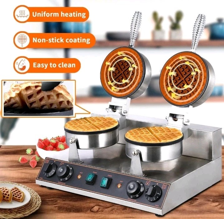 Commercial Dual-Head Round Waffle Maker, Non-Stick