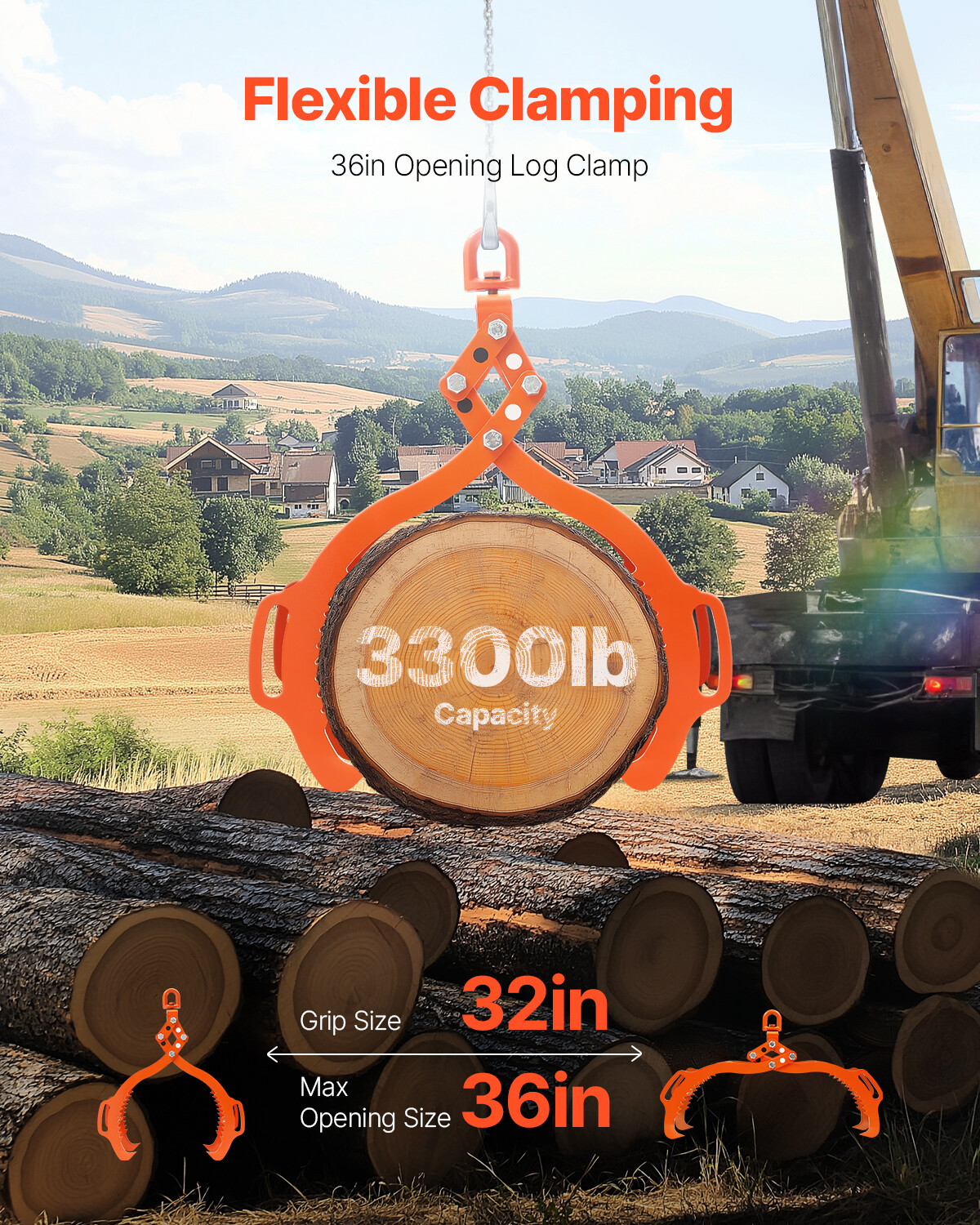 36in Log Lifting Tongs 4 Claw Solid Steel Log Grapple Swivel Log Tools