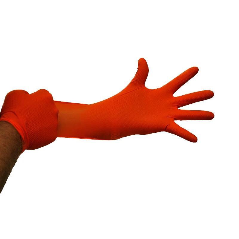 100 pcs Heavy Duty Mechanic Nitrile Orange Disposable 8 MIL Diamond Gloves
