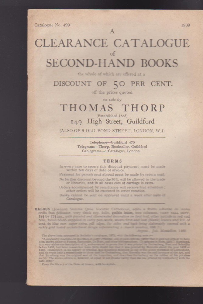 Thomas Thorp Catalog 499 1939 Second-Hand Books