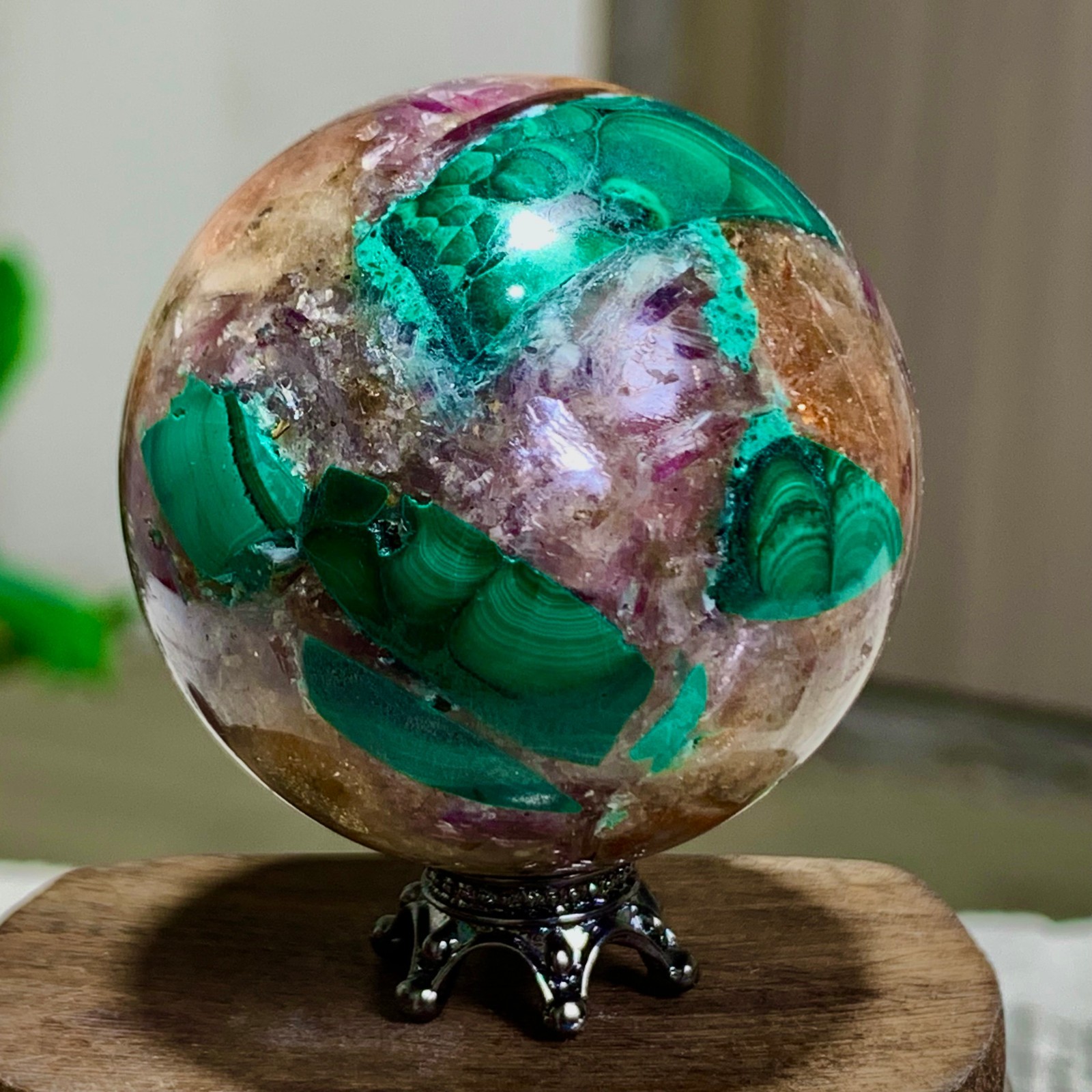 102G Newly discovered rare malachite purple mica symbiotic sphere restoration