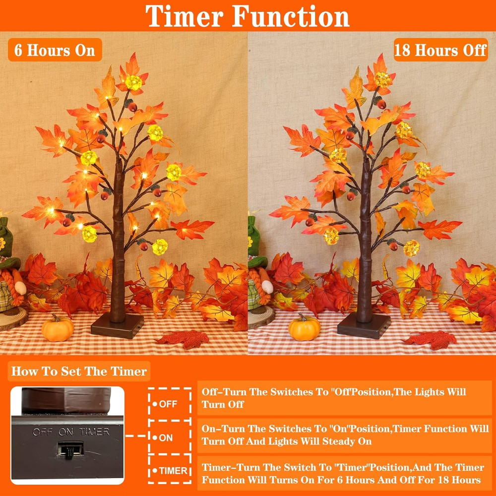 Thanksgiving Fall Decor-2 Pack 24 Inch Prelit Fall Maple Tree 48Leds Timer Acorn