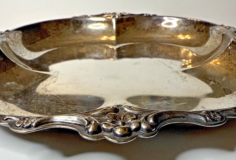 Vintage Silver Plate 4 Leaf Clover Shaped Dish w/Florals 7.25” x 7.25” x 1”