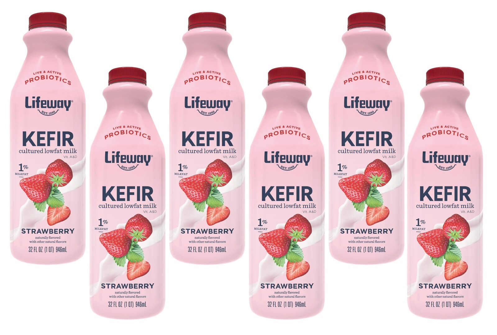 6 Pack Lifeway Lowfat Strawberry Kefir Drink Tart & Tangy 12 Probiotics 32 oz