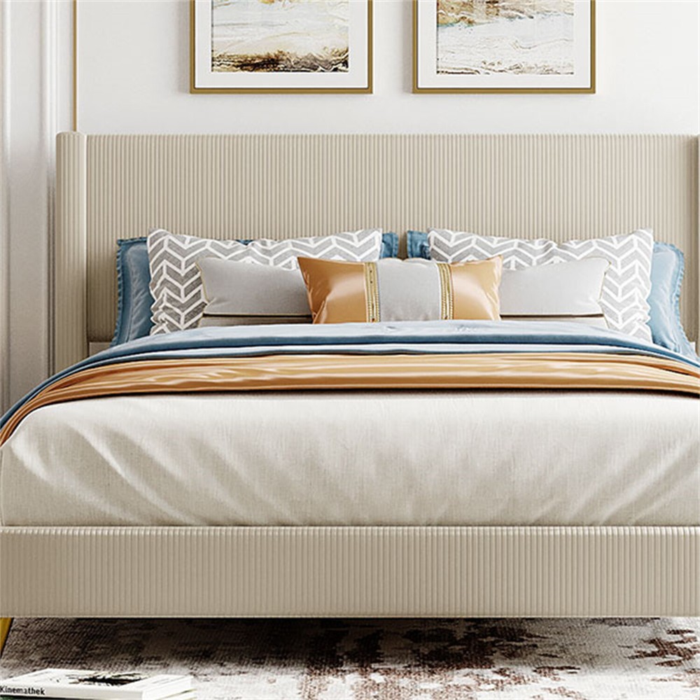 Queen Size Bed Frame Upholstered Platform Bed w/ Upholstered Headboard Beige