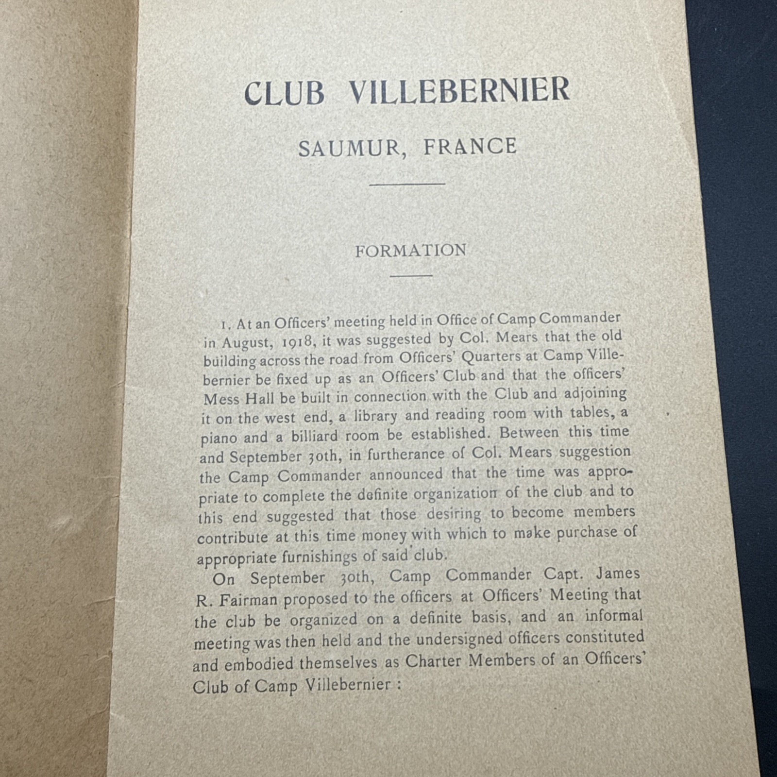 WWI Military Club Villebernier History By Laws 1919 Camp Strathcona APO 718 AEF