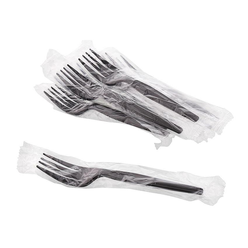 Individually Wrapped Black Heavy Weight Plastic Fork + Spoon + Knife Set
