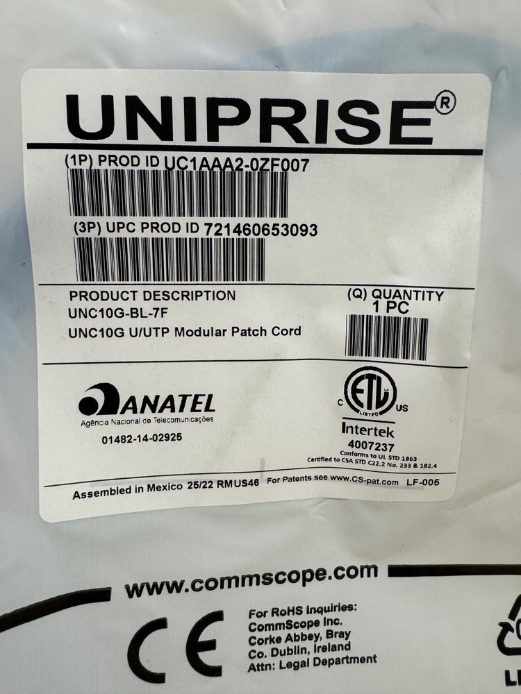 Commscope Uniprise 10ft Cat 6A Blue Patch Cord