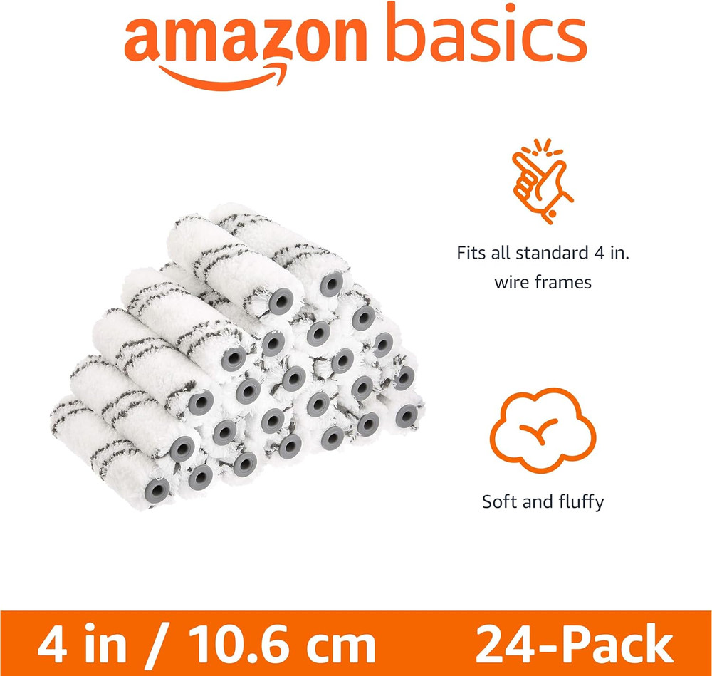 Amazon Basics Microfiber Paint Roller Covers, for Smooth Finish, 4", 24-Pack