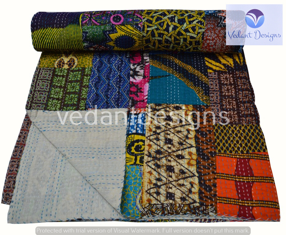 Handmade Patchwork Kantha Embroidery Double Blanket Throw Indian Bedspread