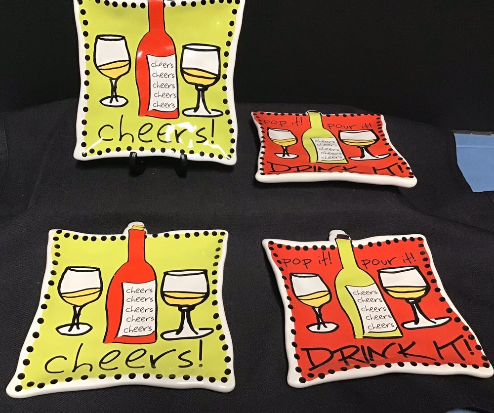 CHEERS Drink It MUDPIE Square Handcrafted Ceramic Wine Tidbits Plates Red Yellow