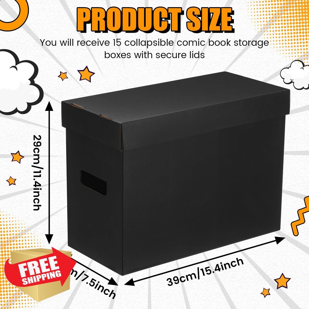 Fuyoooo Comic Book Storage Boxes 15pk Black Short Bin 150 Comics