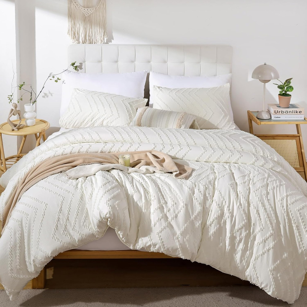 Ivory White Full Comforter Set 3Pcs, Boho Full Size Bedding Set, Vertical Tufted