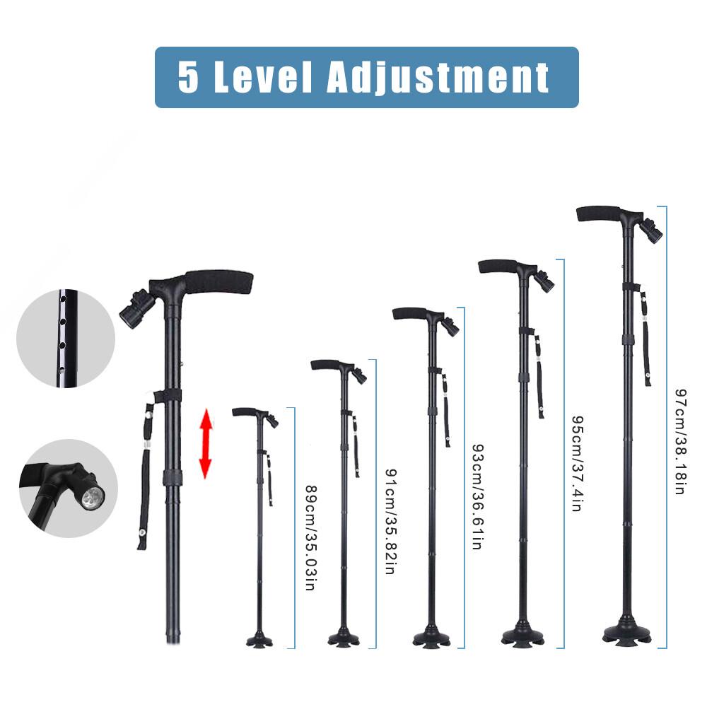 Retractable Non-Slip Walking Stick LED Light Extendable Adjustable Walking Cane