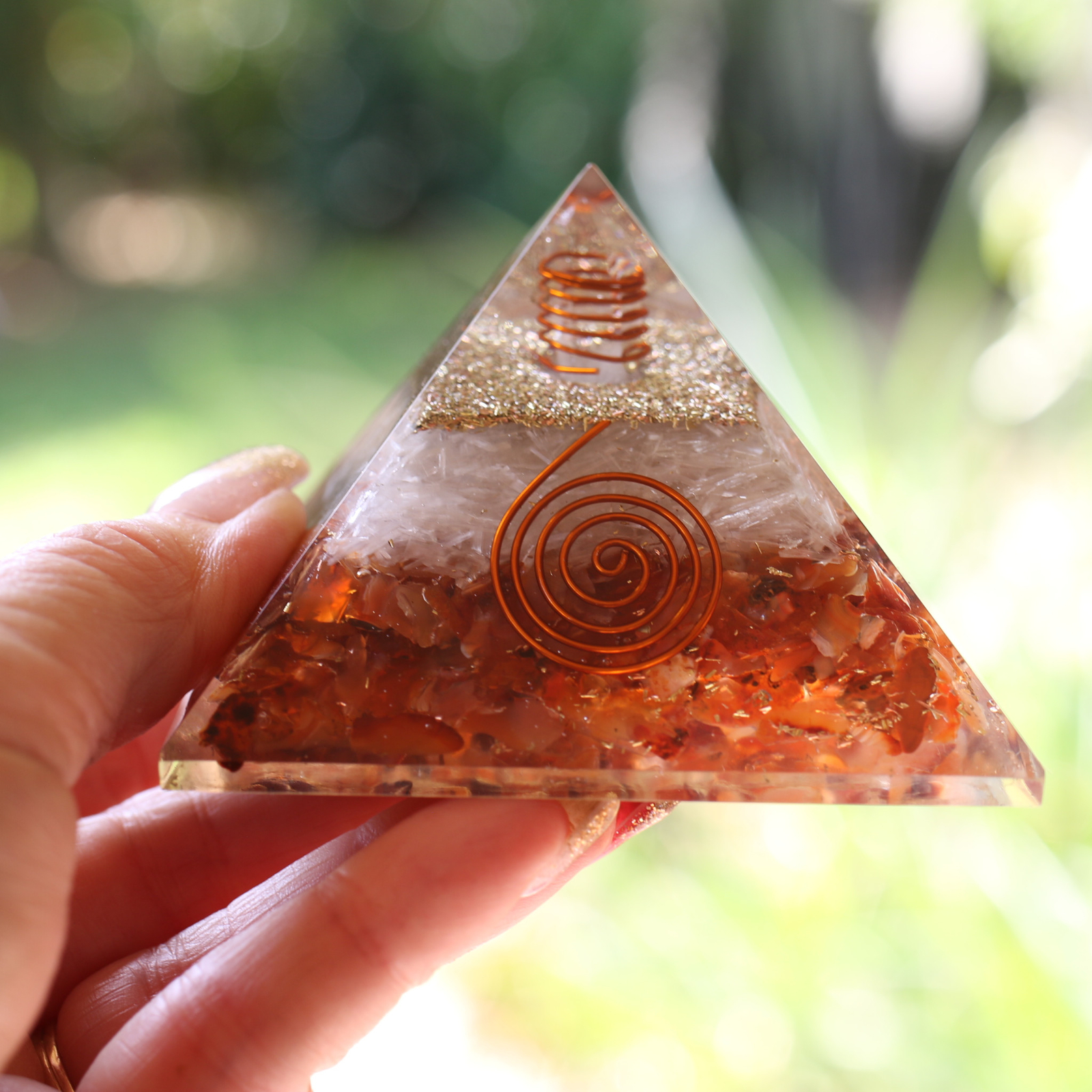 Natural Carnelian and Selenite Orgone Pyramid XL 75mm 3 inch EMF & 5G Protection
