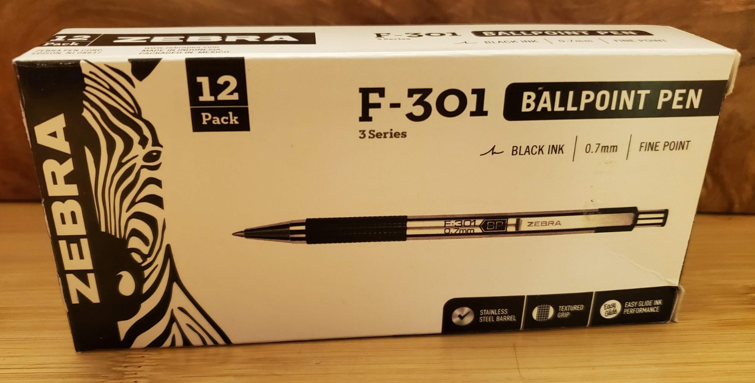 (12 Pack) Zebra F-301 Ballpoint Fine 0.7mm Black Stainless Steel Retractable Pen