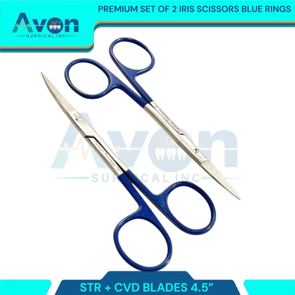 2pcs Premium Dissecting Iris Scissors with Sharp Points, Curved+Straight - 4.5in
