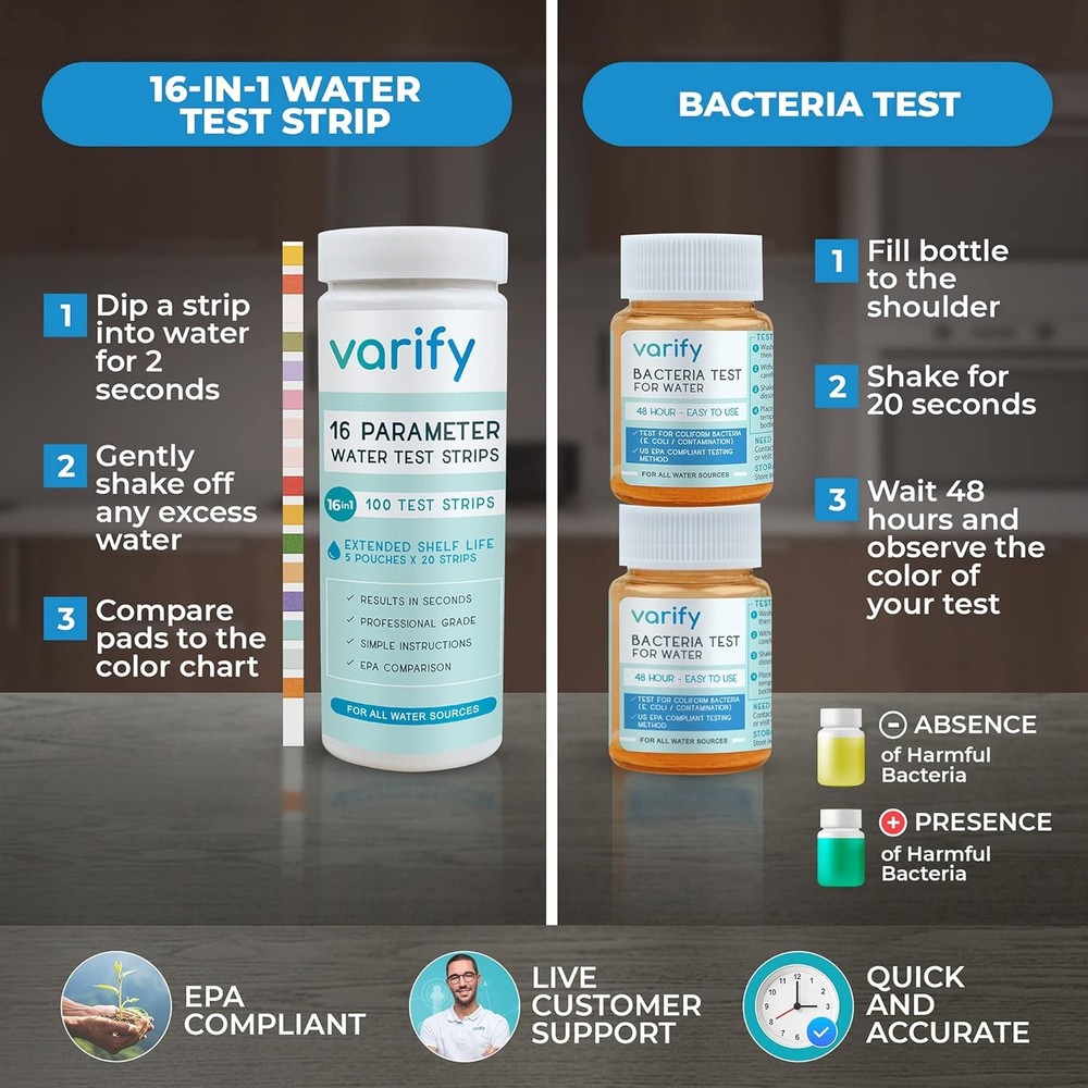Varify 17in1 Complete Drinking Water Test Kit - 100 Strips + 2 Bacteria...