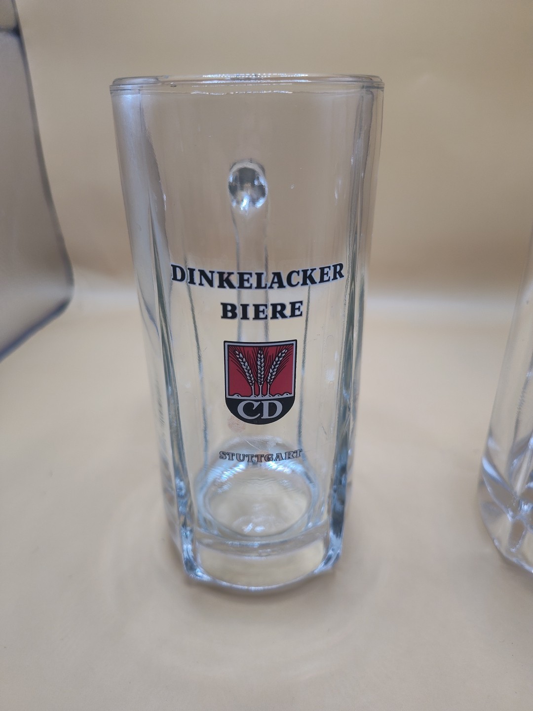 2 Vintage RARE Dinkel Acker Clear Glass  Beer Stein / mug. MADE IN GERMANY Read