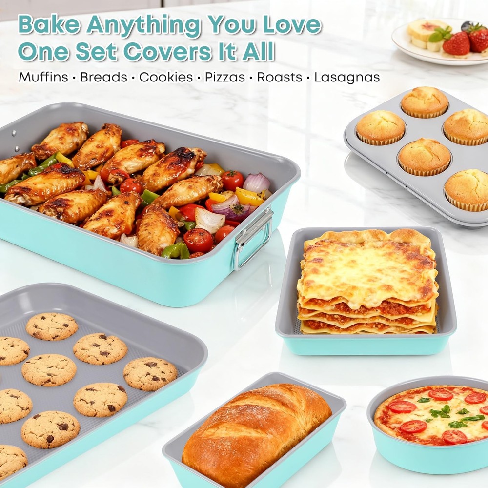 Spmarkt 21-pieces Stackable Nonstick Bakeware Set, L, Blue+Grey