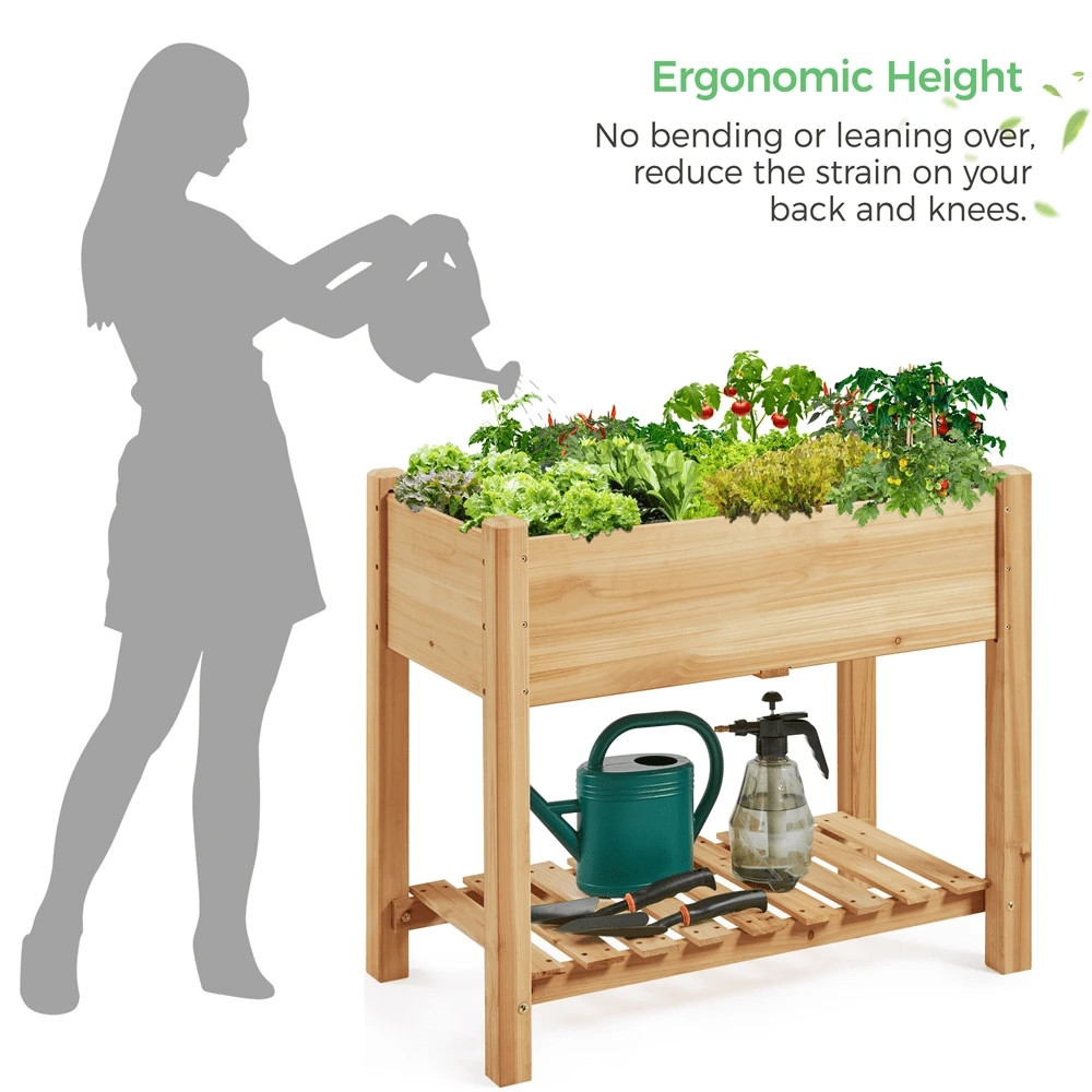 Raised Rectangle Planter Box 34×18×29.5" with Bottom Shelf Light Brown