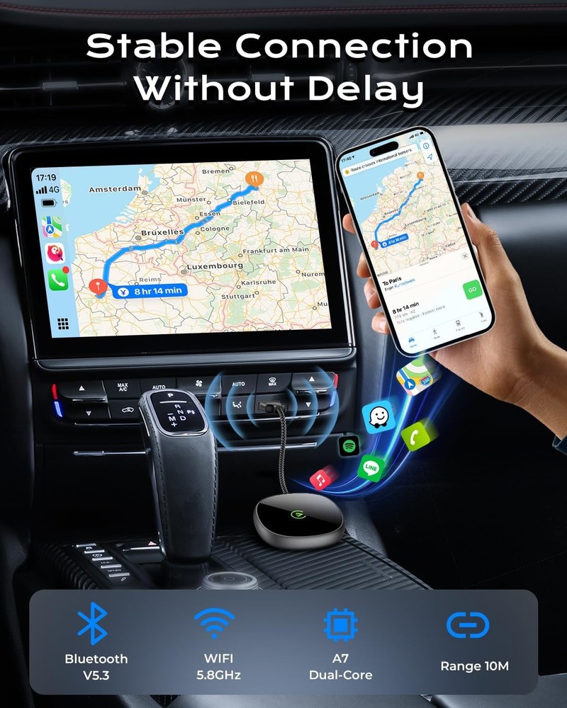 Auto Wireless CarPlay Adapter 2-in-1 for iPhone/Android, Wired to Wireless, Grey